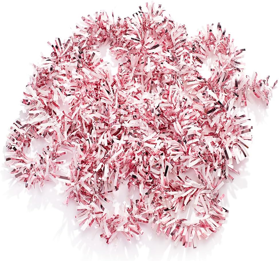 Anderson's Light Pink & White Sparkle Glitter Metallic Tinsel Twist for Trailer Or Golf Cart, 4 inches Wide x 25 ft Long, Christmas, Patriotic and Holiday Garland Decor for Parties and Parades