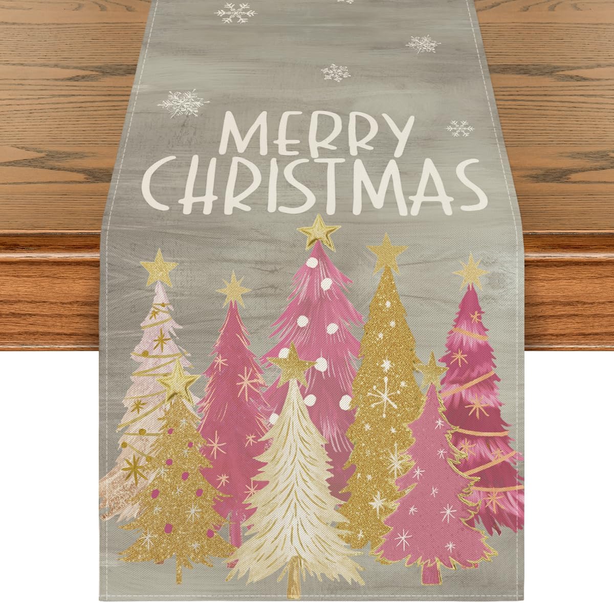 Artoid Mode Xmas Trees Snowflakes Gray Pink Merry Christmas Table Runner, Winter Seasonal Kitchen Dining Table Decoration for Home Party Decor 13x72 Inch