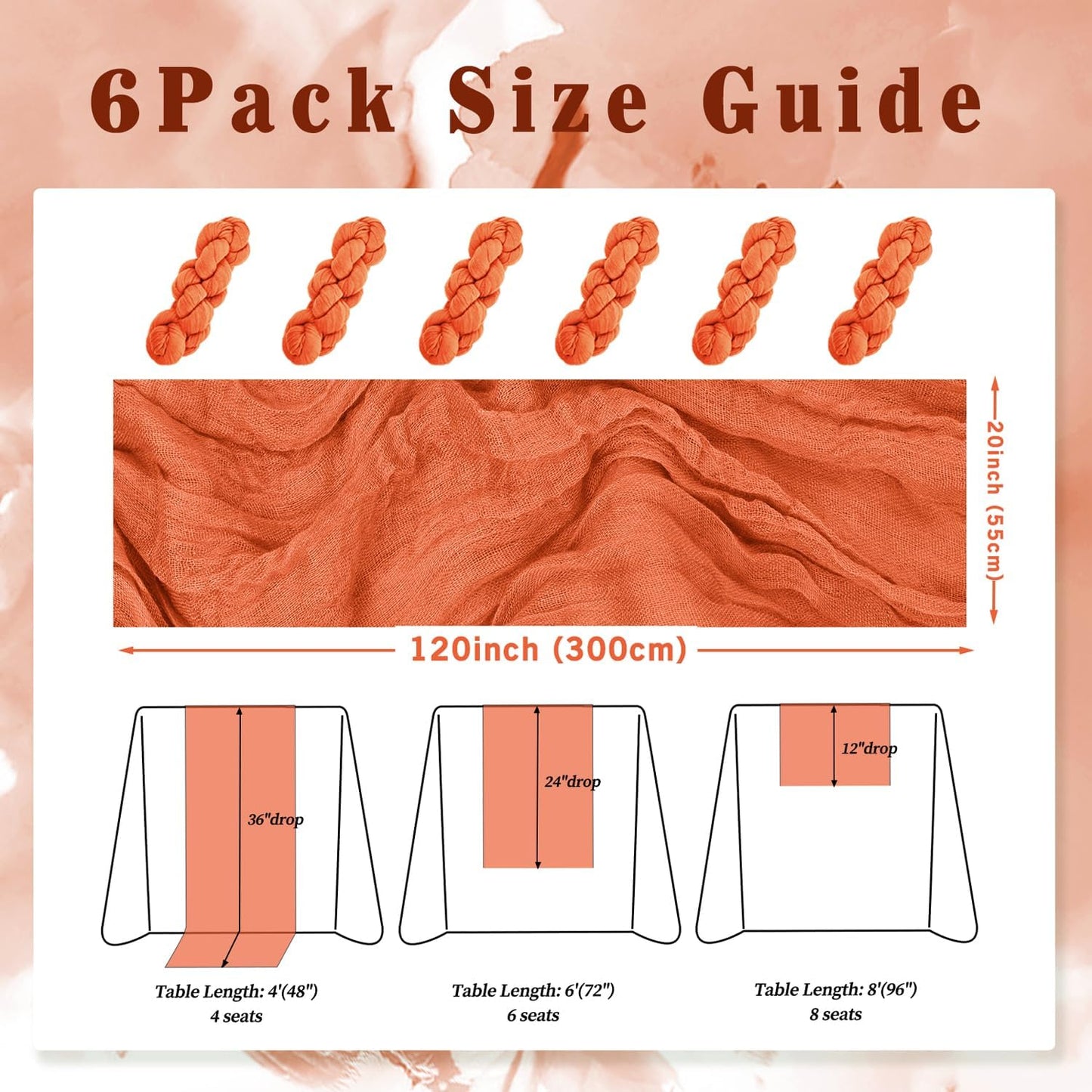 Orange Cheesecloth Table Runner 6 Pack 10FT Boho Fabric Rustic Cheese Cloth Table Runner for Wedding 20 x 120 Inch Long Bridal Shower Baby Shower Gauze Sheer Birthday Party Table Decorations