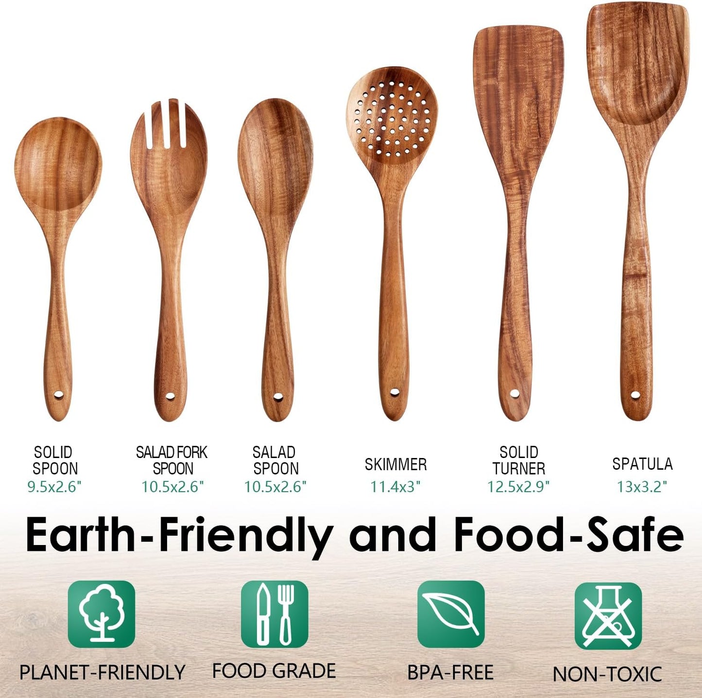 Wooden Spoons for Cooking 6 Piece - Natural Teak Wood Kitchen Utensils Set - Smooth Finish Soft Comfort-Grip Safe for Nonstick By HOWHONG