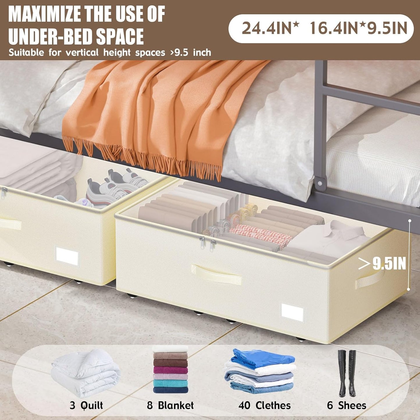 Under Bed Storage with Wheels, No Assemble Required 10 inches height Under Bed Storage bins,Large capacity Rolling Under bed Shoe Storage containers，dorm under bed storage drawers