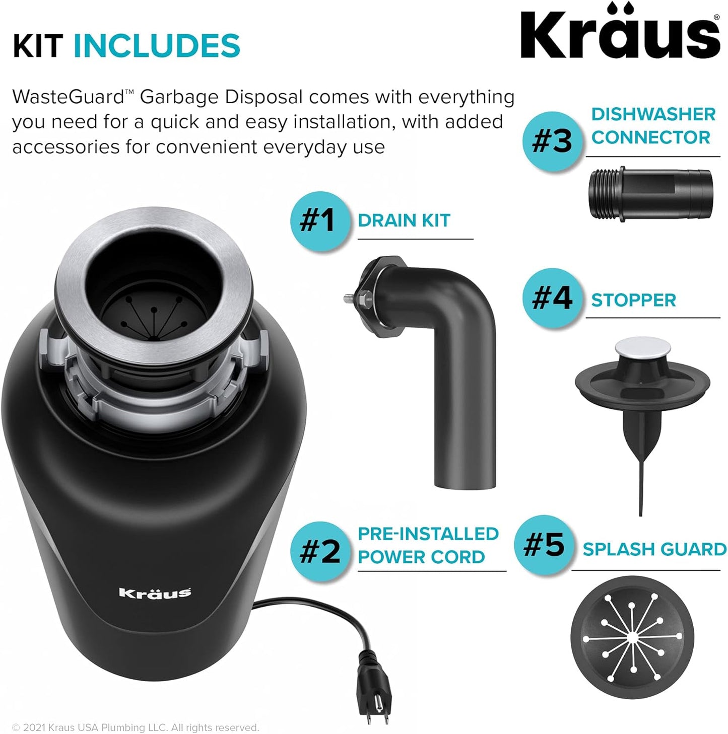 KRAUS WasteGuard 3/4 HP Ultra-Quiet Garbage Disposal with Quick Connect, Kitchen Sink Drain Cover, Power Cord and Flange Included, KWD100-75MBL