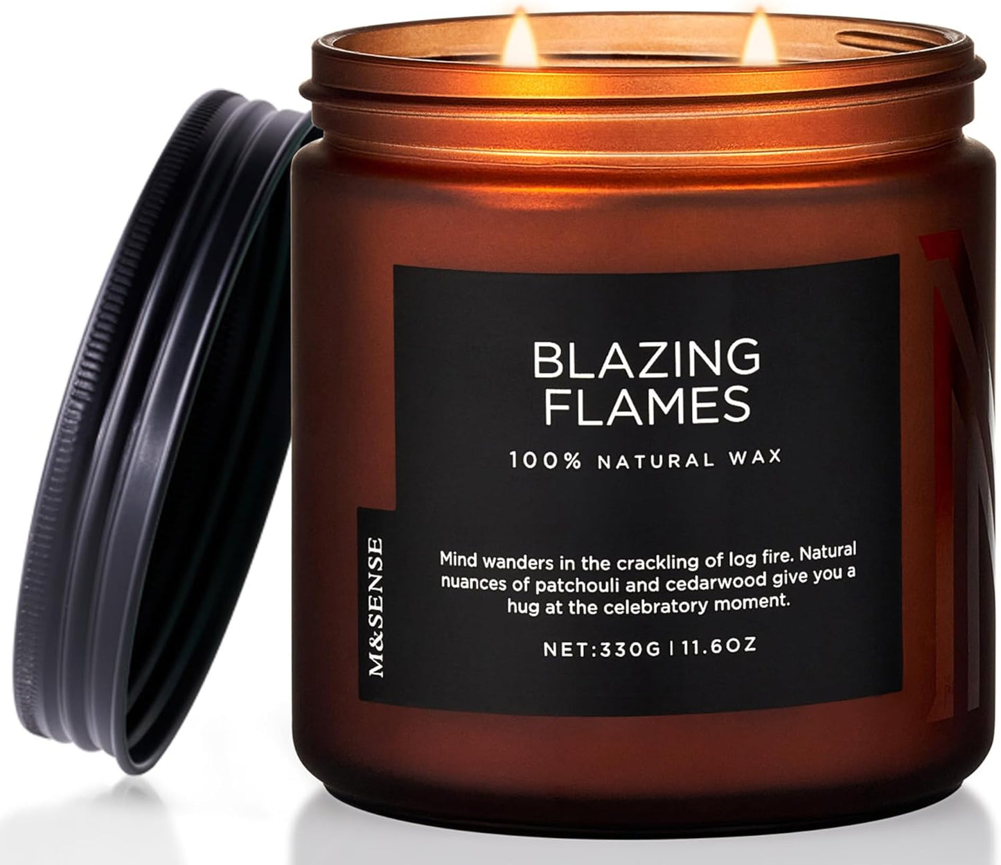 M&SENSE Blazing Flame Scented Candles with Log Fire - Cade & Patchoulli Scent, 70 Hours 11.6oz Natural Soy Wax for Home Decor Housewarming Gift, 2 Cotton Wick Candle for Celebration
