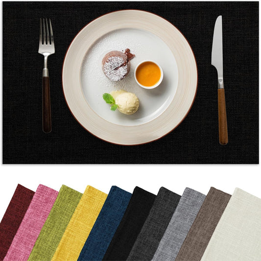 Placemats Set of 4, Bilayer Thickened Linen Place Mats Heat Resistant Machine Washable Wrinkle Free Carefully Selected Polyester Mats for Kitchen/Dining/Coffee Table (Black)