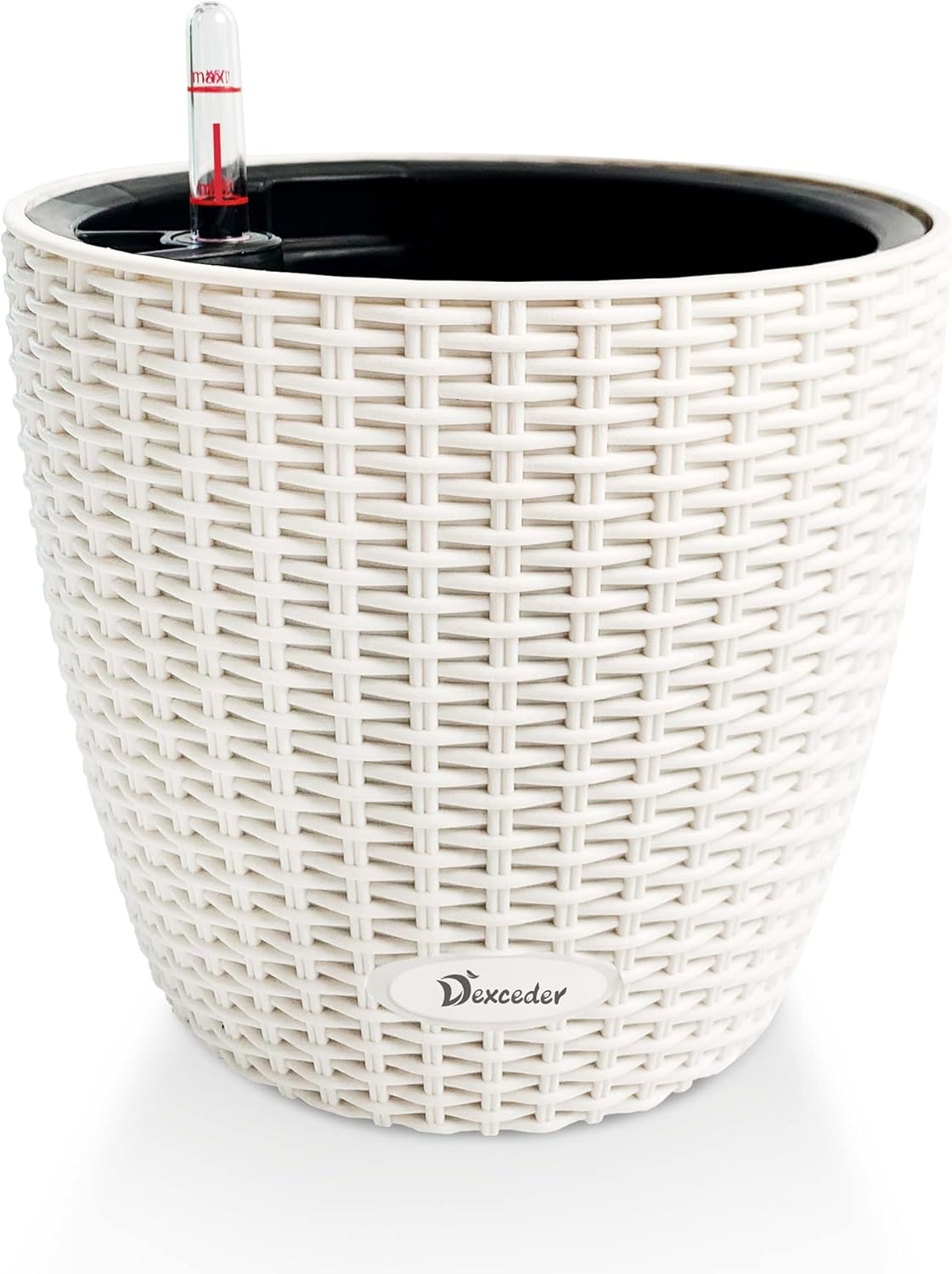 Dexceder 11x10 Inches Rattan Self Watering Planter Indoor Outdoor, Inner Pot Design, Thickened Table Flower Plant Pot with Water Level Indicator (Ivory White)