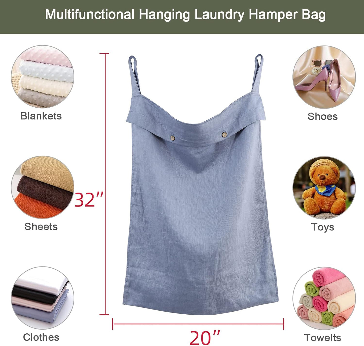 Linen Hanging Laundry Bag, 100% Linen Over The Door Laundry Hamper with Buttons and Zipper, Space Saving Door Hampers for Laundry Dirty Clothes Home Travel, Blue