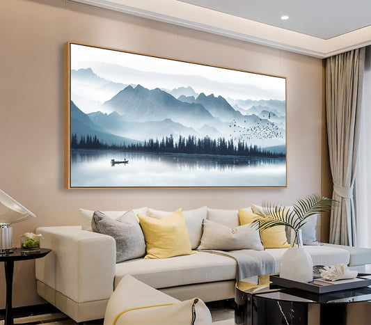 Indigo Framed Canvas Wall Art Misty Mountain Wall Pictures Foggy Lake Boat Canvas Painting Prints Forest Birds Canvas Wall Decor for Living Room Bedroom Decorations Natural Framed 24" x 48"