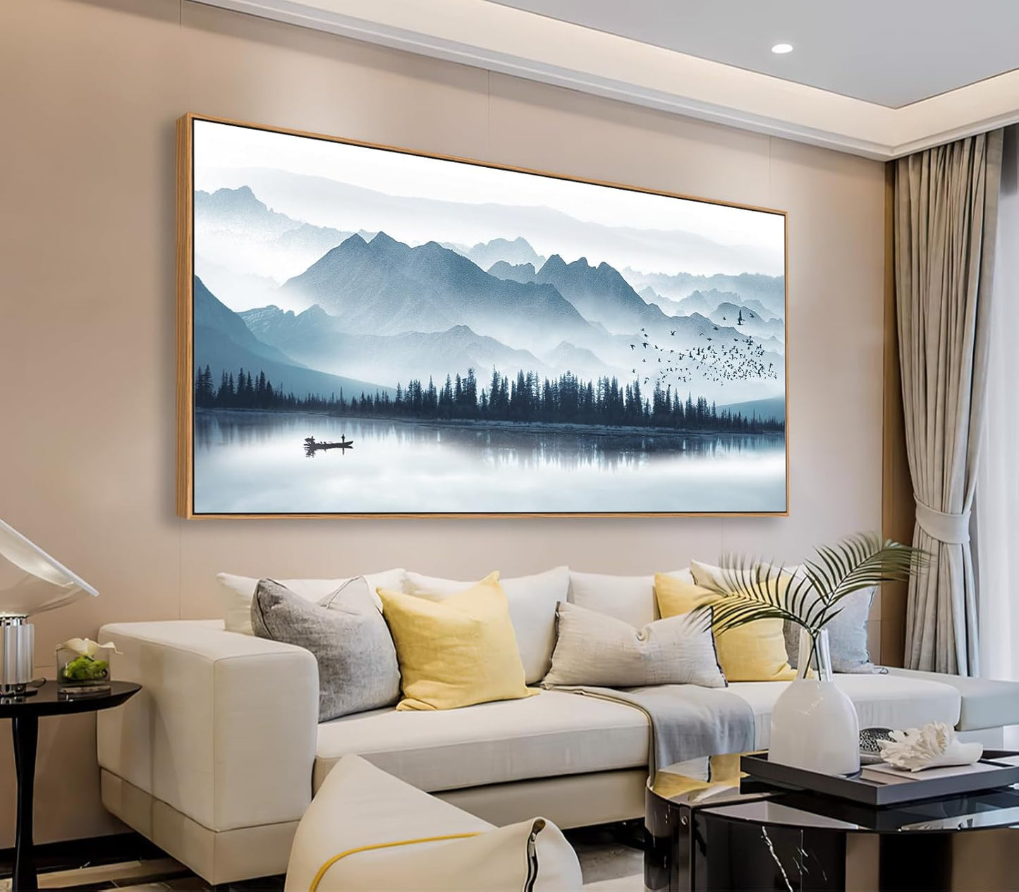 Indigo Framed Canvas Wall Art Misty Mountain Wall Pictures Foggy Lake Boat Canvas Painting Prints Forest Birds Canvas Wall Decor for Living Room Bedroom Decorations Framed 20" x 40" Natural