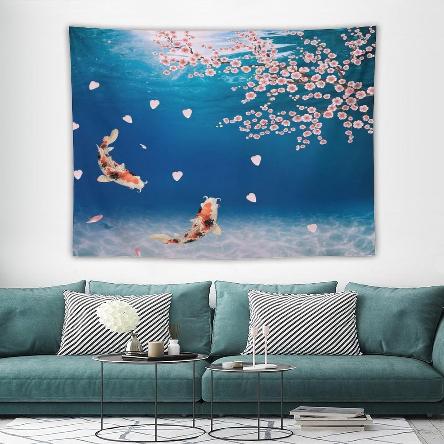 Japanese Koi Fish Tapestry, Cherry Blossoms Asian Oriental Blue Floral Branch Koi Fish Carp Tapestries Wall Hanging for Bedroom Living Room Office Decor 80"x60"