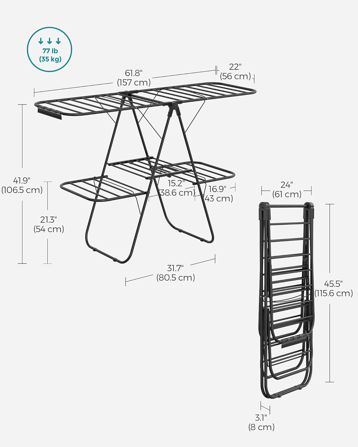 SONGMICS Clothes Drying Rack, Foldable 2-Level Laundry Drying Rack, Free-Standing Laundry Airer, with Height-Adjustable Wings, 33 Drying Rails, Sock Clips, Black ULLR053B01V1