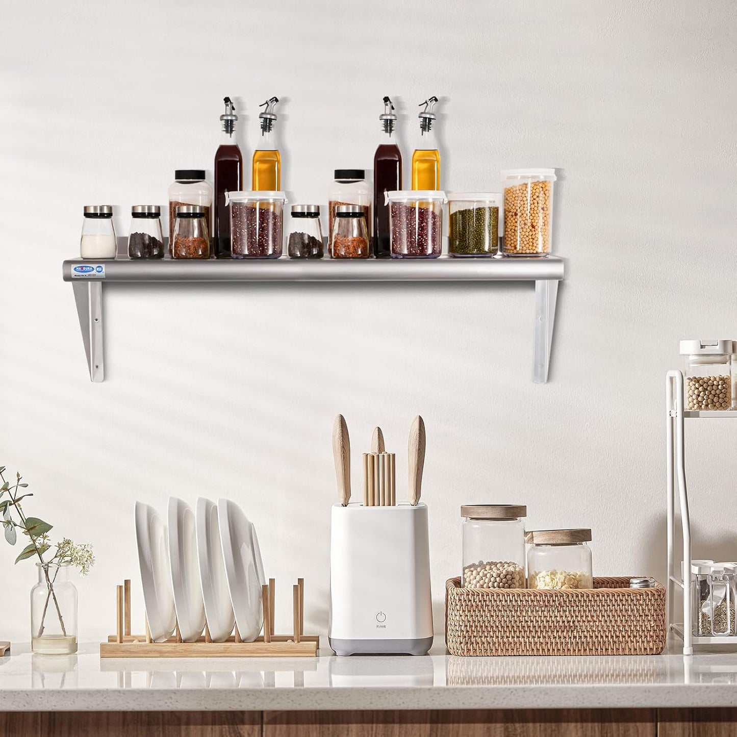 HARDURA Stainless Steel Shelf 18" x 60", 450lb Commercial Shelves Wall Mount Metal Shelving with Backsplash and Brackets for Kitchen, Restaurant, Laundry Room and Home