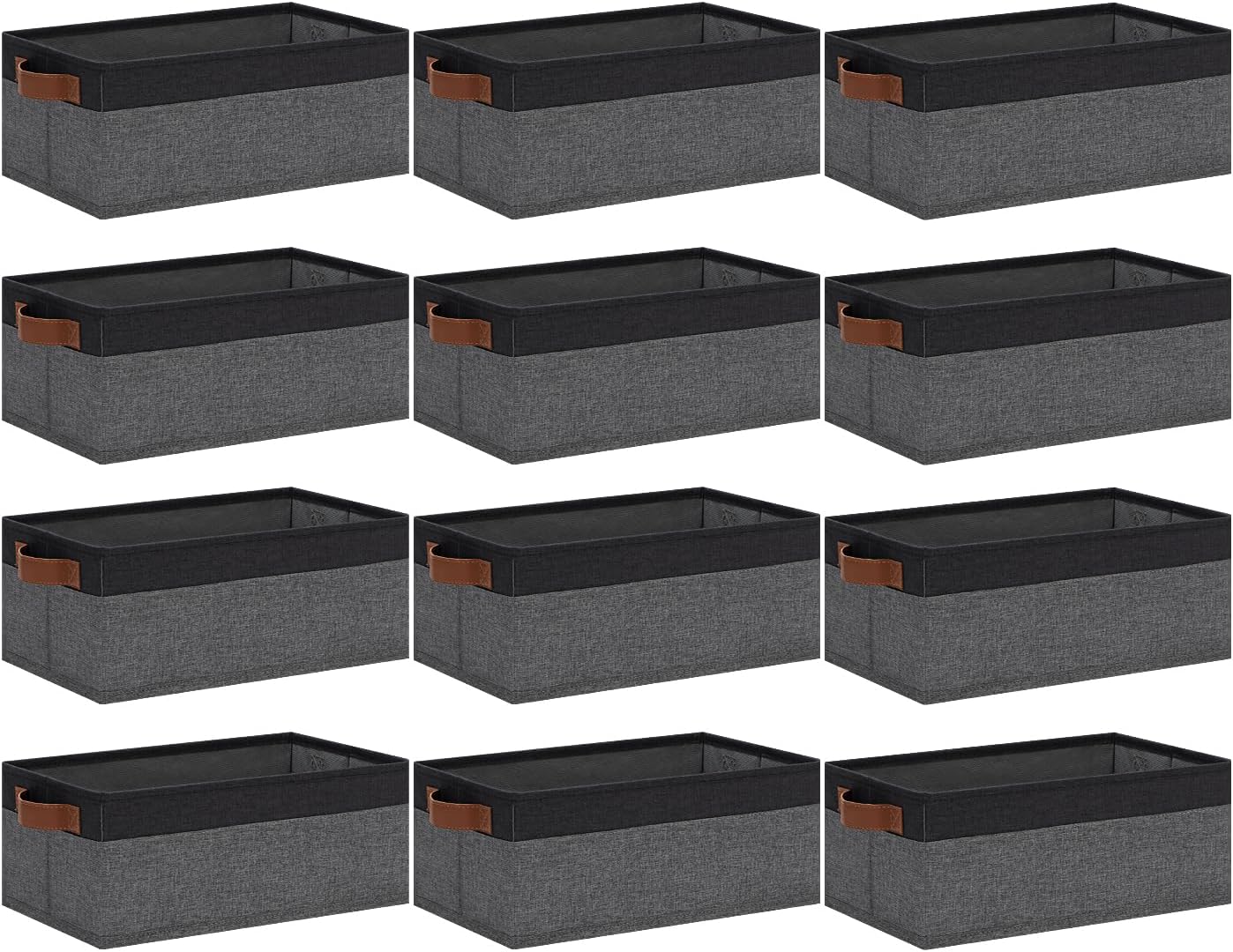 GhvyenntteS Small Fabric Storage Bins 12 Pack, 11.8" x 7.87" x 5.11" Storage Basket with Leather Handles, Closet Storage Bins for Shelves, Storage Baskets for Shelves, DVD Storage (Grey/Black)