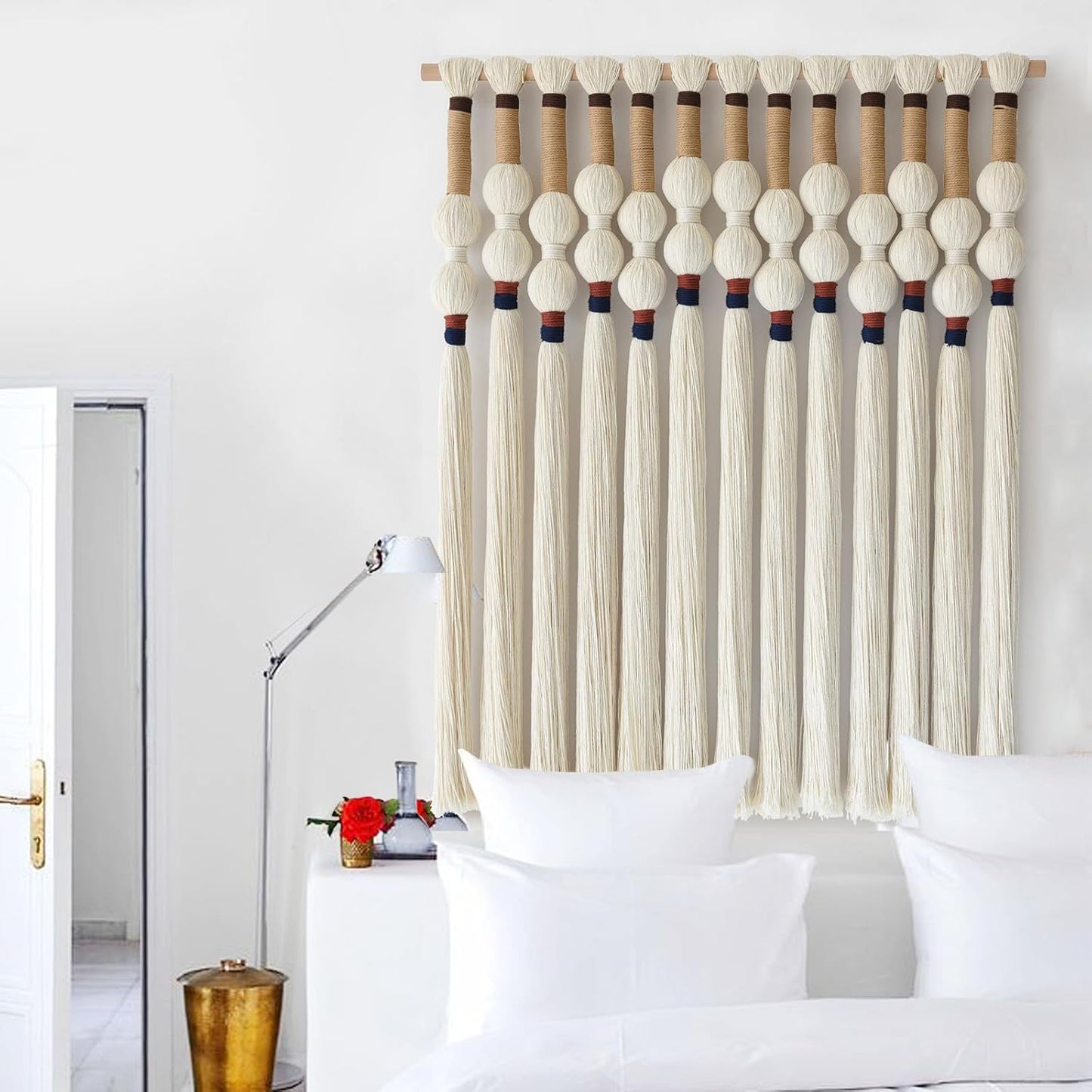 Macrame Wall Hanging Boho Wall Art Handmade Spherical Knot Design with Tassel Fringe, Boho Decor for Bedroom Living Room, for Home Decoration 27" W x 33" L