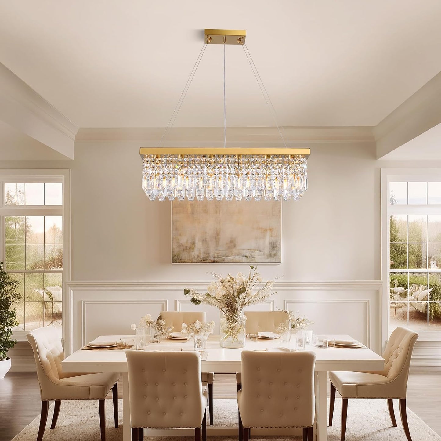 Modern Gold Crystal Chandelier,Rectangular K9 Crystal Raindrop Light Fixture,6 Light Rectangle Chandeliers for Dining Room Living Room Kitchen Island L31.5''xW10''xH10''