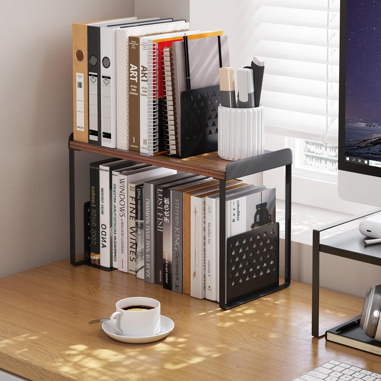 Mitus Shelf Organizer and Storage, Tiered Wood Cabinet Rack for The Kitchen Counter, Bathroom Counter, Pantry Cupboard, Office Desk Bookshelf, 16" Wide Walnut Brown and Black (Large)