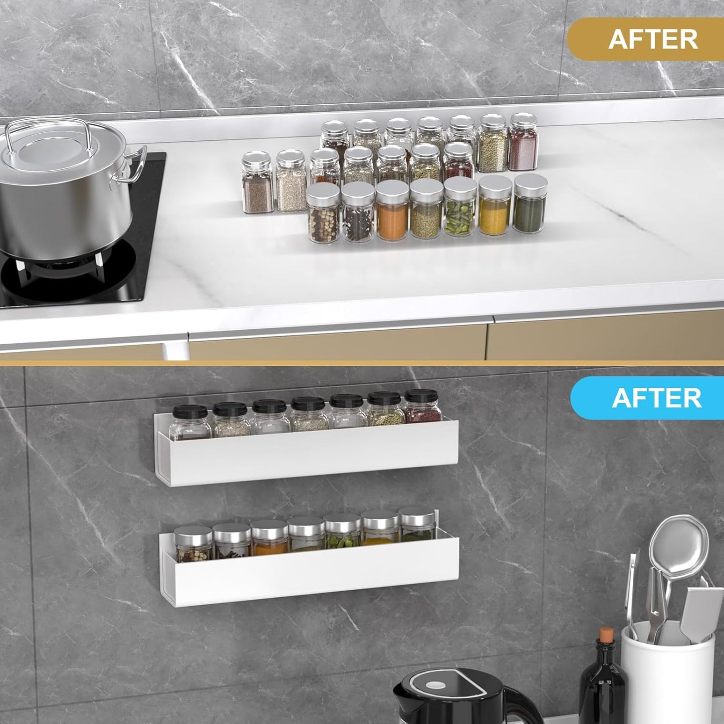 PMMASTO Adhesive Acrylic Spice Rack Organizer for Wall with Nano Double Sided Tape, Spice Shelf Organization for Kitchen Cabinet Door/Pantry Door, Wall Mount Seasoning Rack (White-2 Pack)