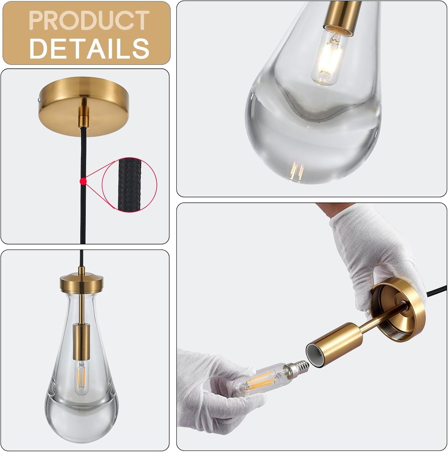 Raindrop Pendant Light, Brass Glass Pendant Lighting, Teardrops Modern Hanging Light for Entryway Foyer Stairway Kitchen Island Bedroom Dining Living Room Hallway