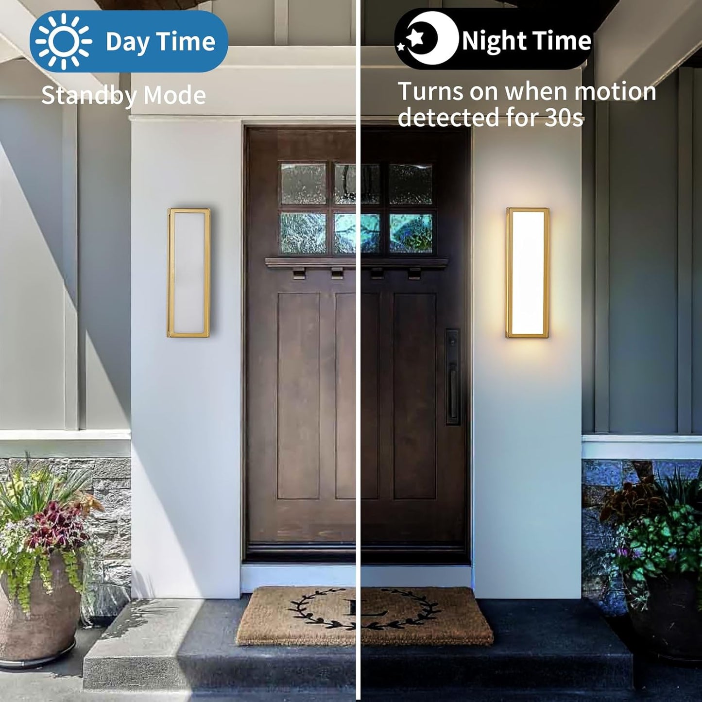 Motion Sensor Outdoor Wall Sconce LED 30W Aluminum - Gold Modern Exterior Light Fixture, 3000K Warm,IP65 Waterproof Rectangular Porch Lighting,for Patio,Garage,Front Door