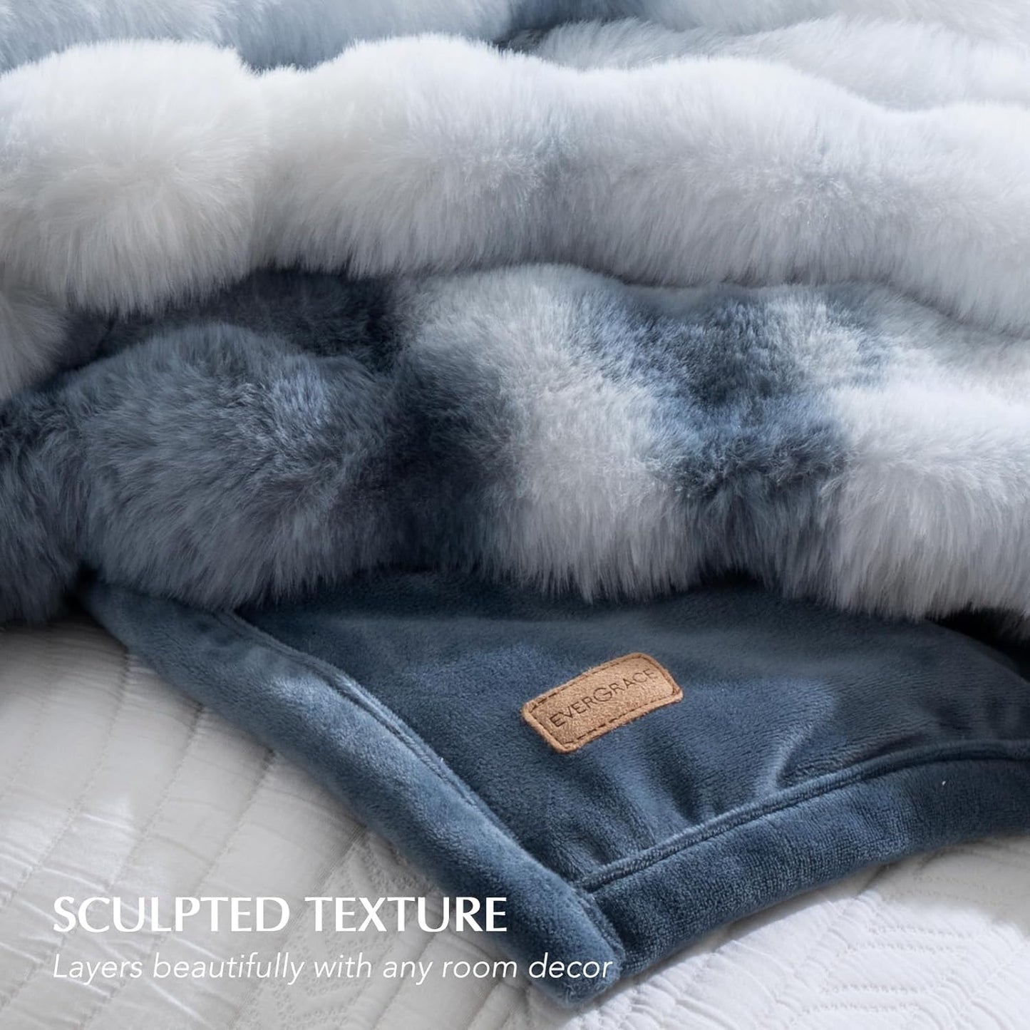 EVERGRACE Ultra Soft Luxury Fluffy Ridgeline Faux Rabbit Fur Throw Blanket, Thick Warm Bubble Throw for Bed, Cozy Plush Reversible Blankets for Couch, Chair, Sofa, Cloud Blue, 50x60 Inches, 870 GSM