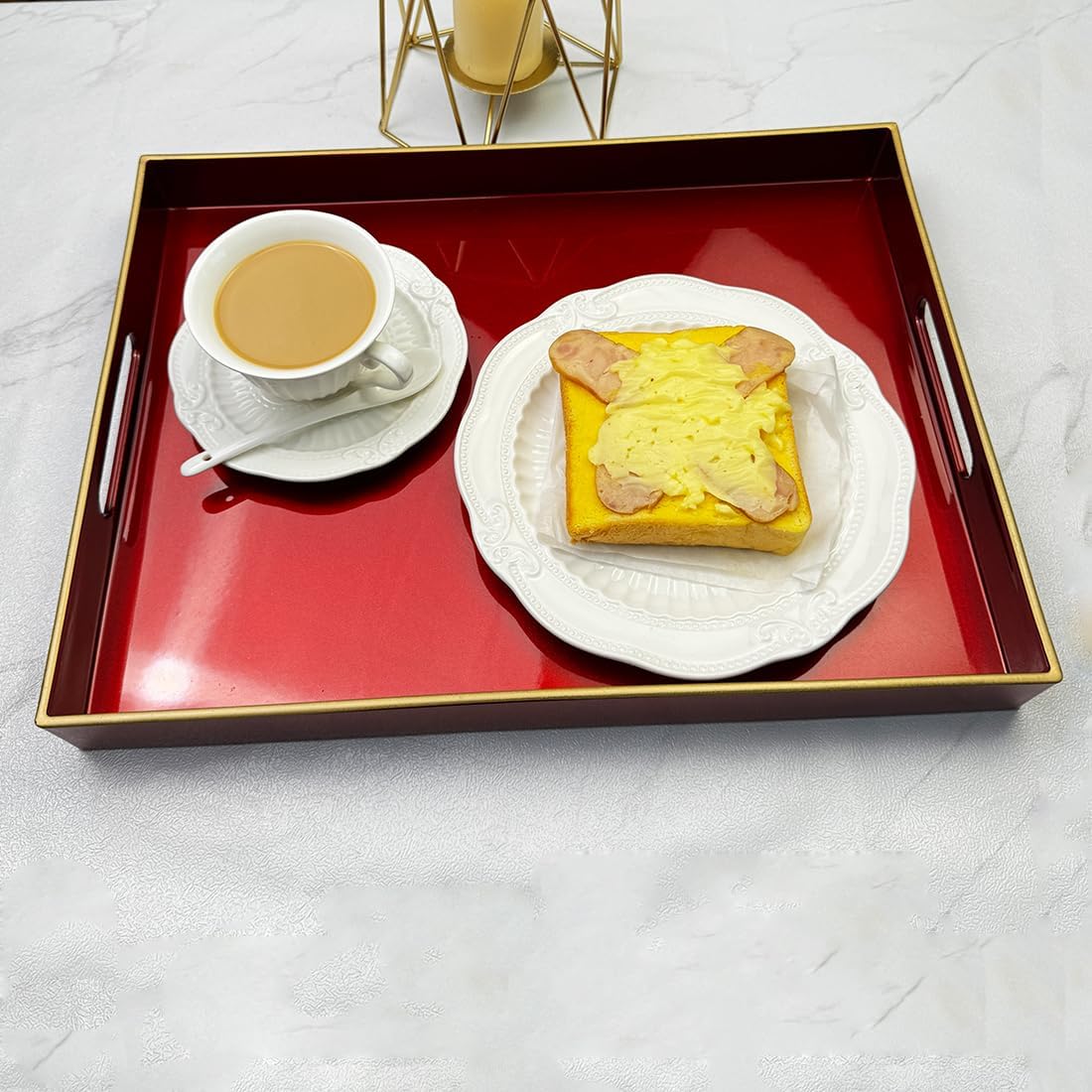 Large Red Decorative Tray, Serving Tray with Handles, Plastic Coffee Table Tray for Ottoman, Living Room, Bathroom, Decor. 15.7” x 11.8” x1.6”