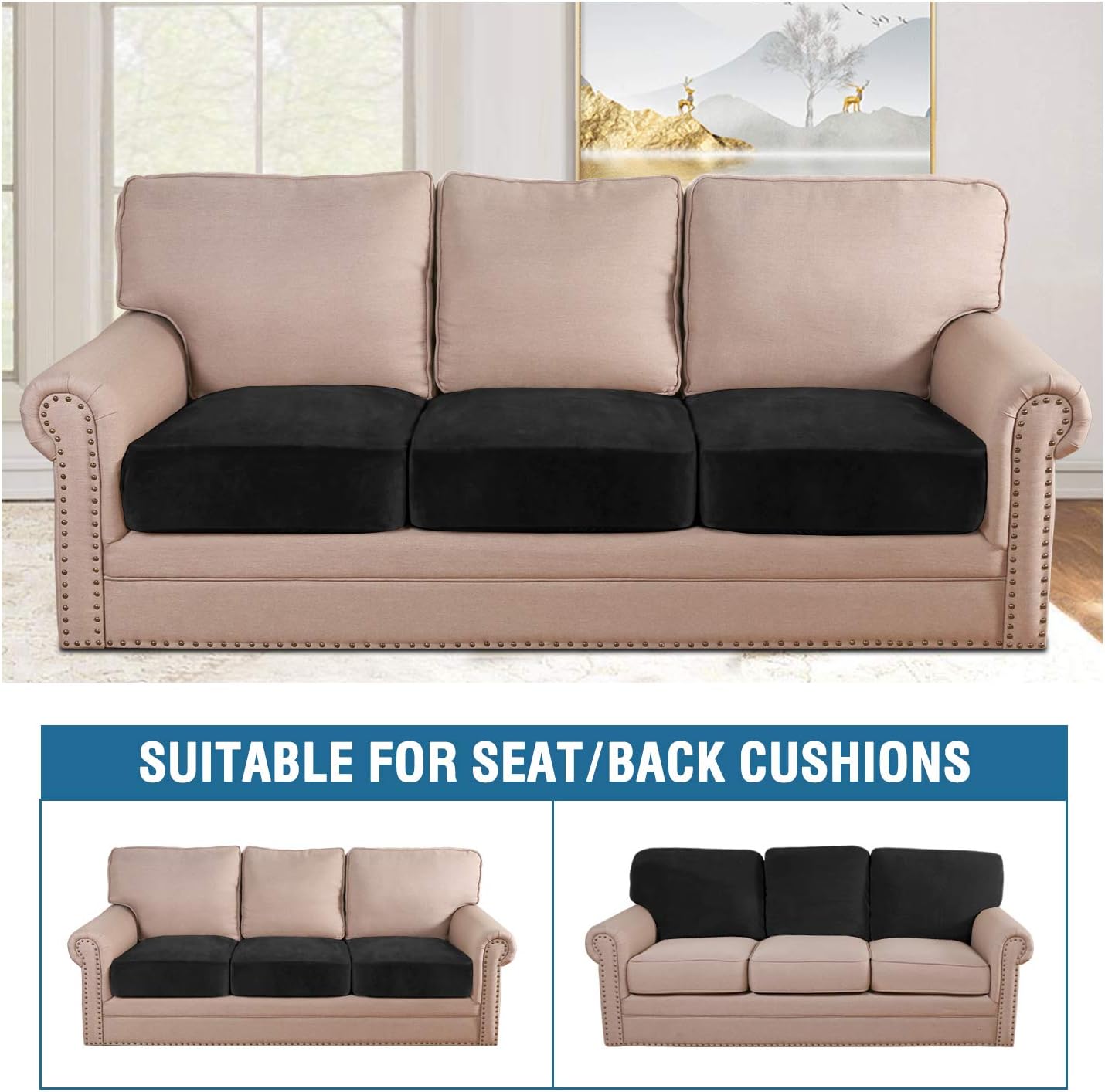 H.VERSAILTEX Velvet Stretch Couch Cushion Cover Plush Cushion Slipcover for Chair Loveseat Sofa Cushion Furniture Protector Seat Cushion Sofa Cover (3 Piece Sofa Cushion Covers, Black)