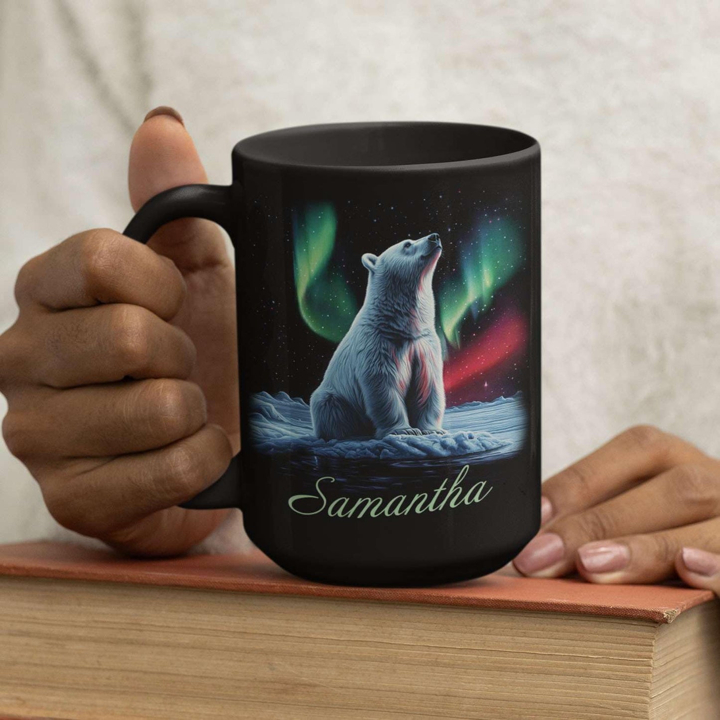 Custom Enchanted Arctic Landscape Design Cup, Customized Name Coffee Mug 11oz 15oz, Personalized Polar Bear And Northern Lights Ceramic Cup, Cute Polar Bear Black Mug, Gift For Her