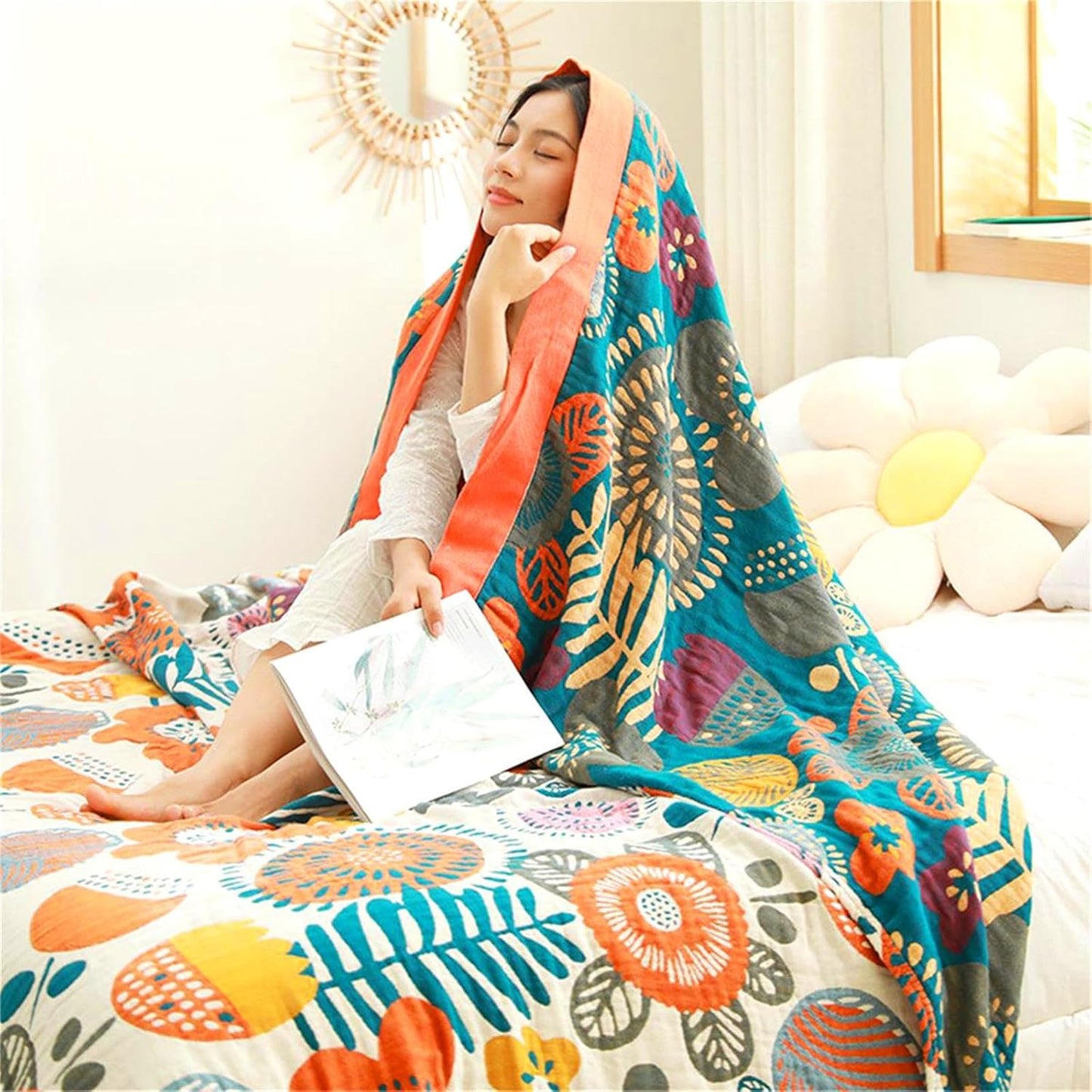 Throw Blanket Queen Size Summer Blanket for Couch Bed 80''x90'',100% Cotton Woven Muslin Blankets Travel Soft Warm Mexican Blanket Boho Quilt Home Decor for Women