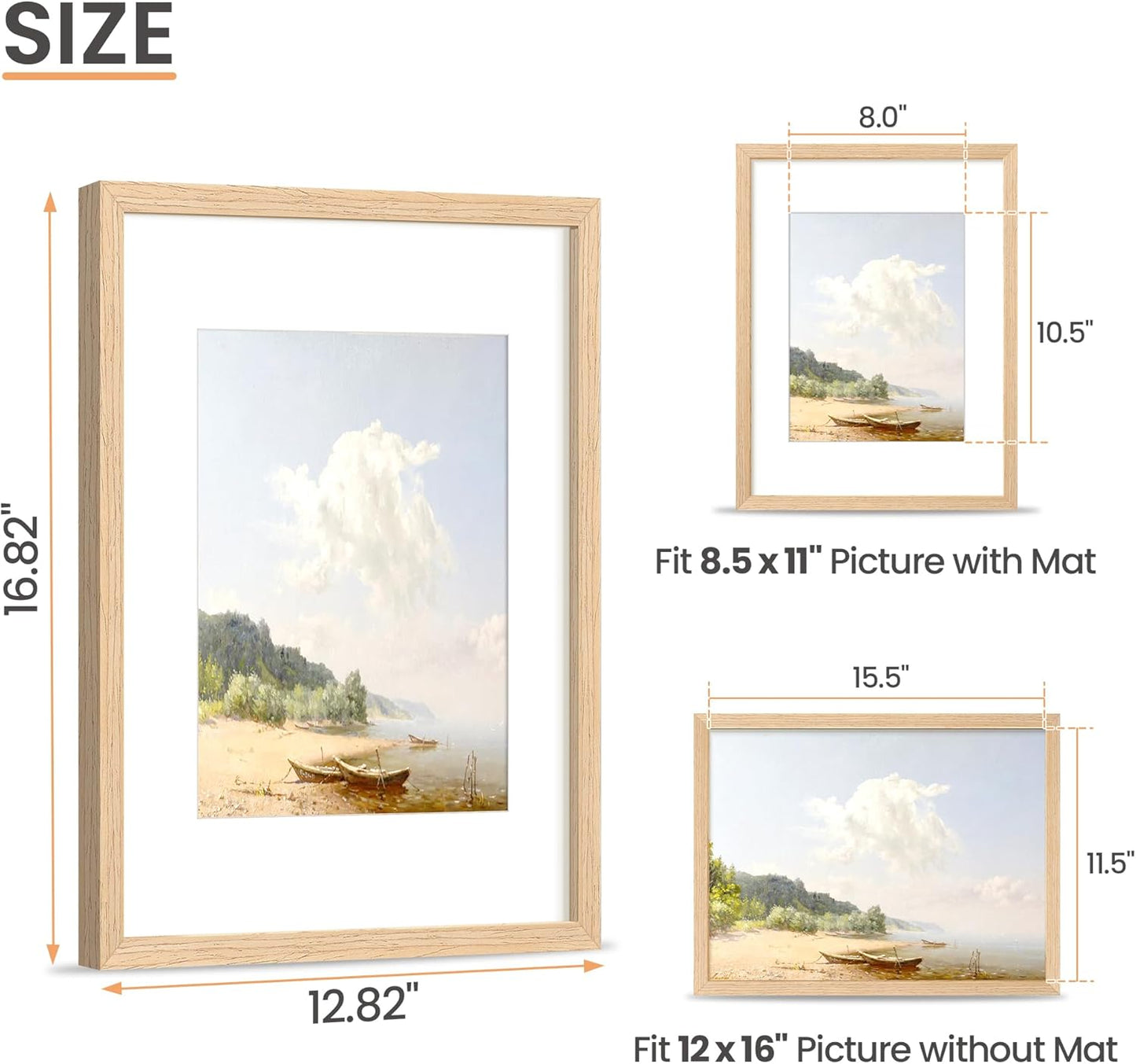 upsimples 12x16 Frame, Natural Solid Wood Picture Frames, Display 8.5x11 with Mat or 12 x 16 Without, Vertical & Horizontal Wall Hanging, 1 Pack, Natural