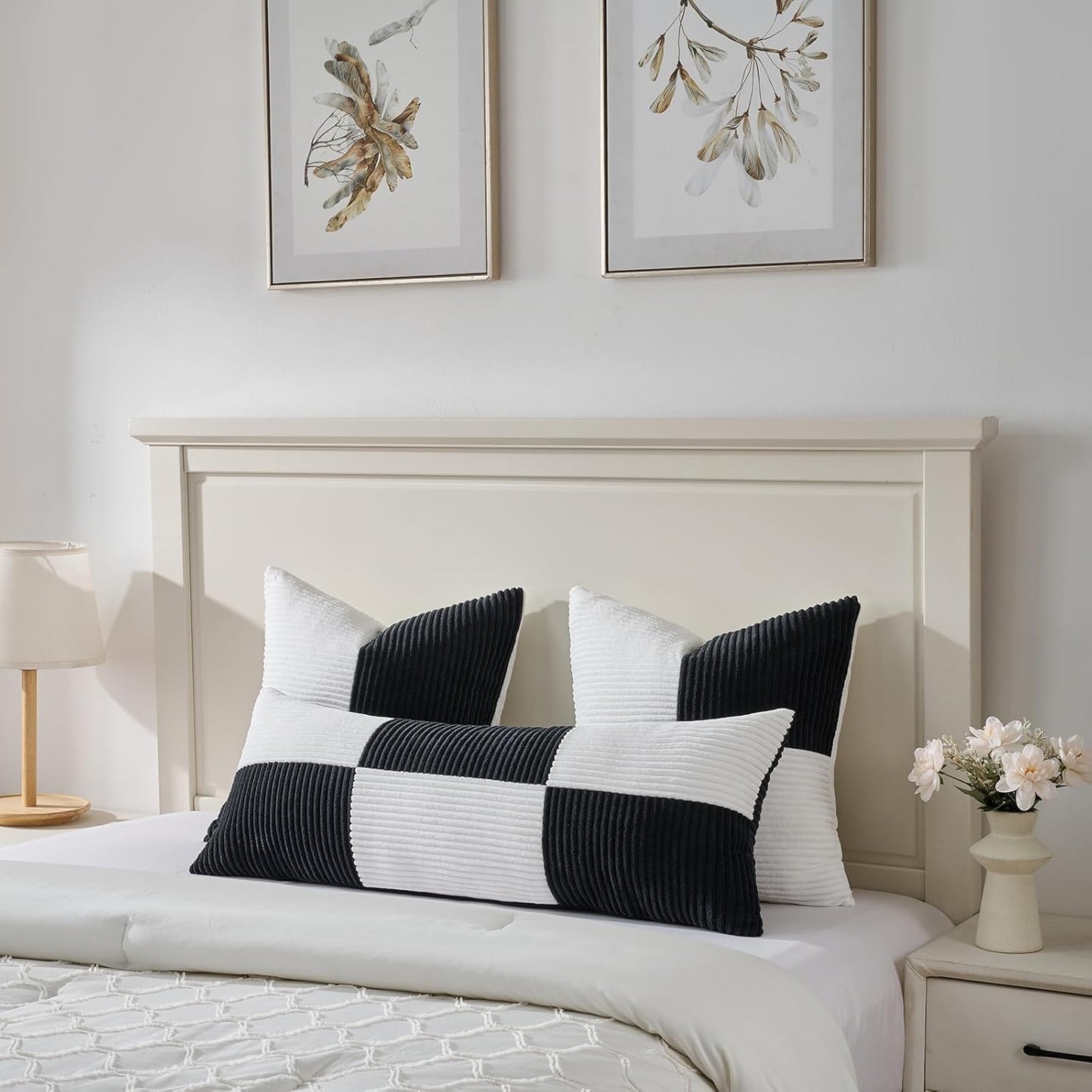 Fancy Homi Set of 2 Black White Samll Decorative Throw Pillow Covers 18x18 Inch with for Couch Bed Sofa Living Room, Soft Cross Patchwork Striped Corduroy Modern Square Cushion Case 45x45 cm