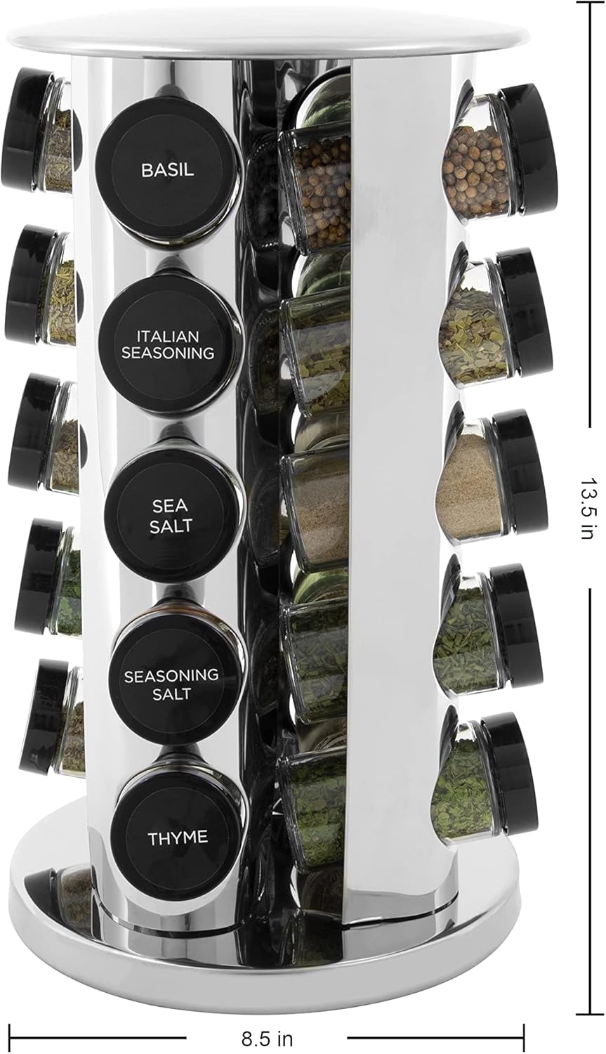 Kamenstein 20 Jar Revolving Countertop Spice Rack with Spices Included, FREE Spice Refills for 5 Years, Polished Stainless Steel with Black Caps, 30020