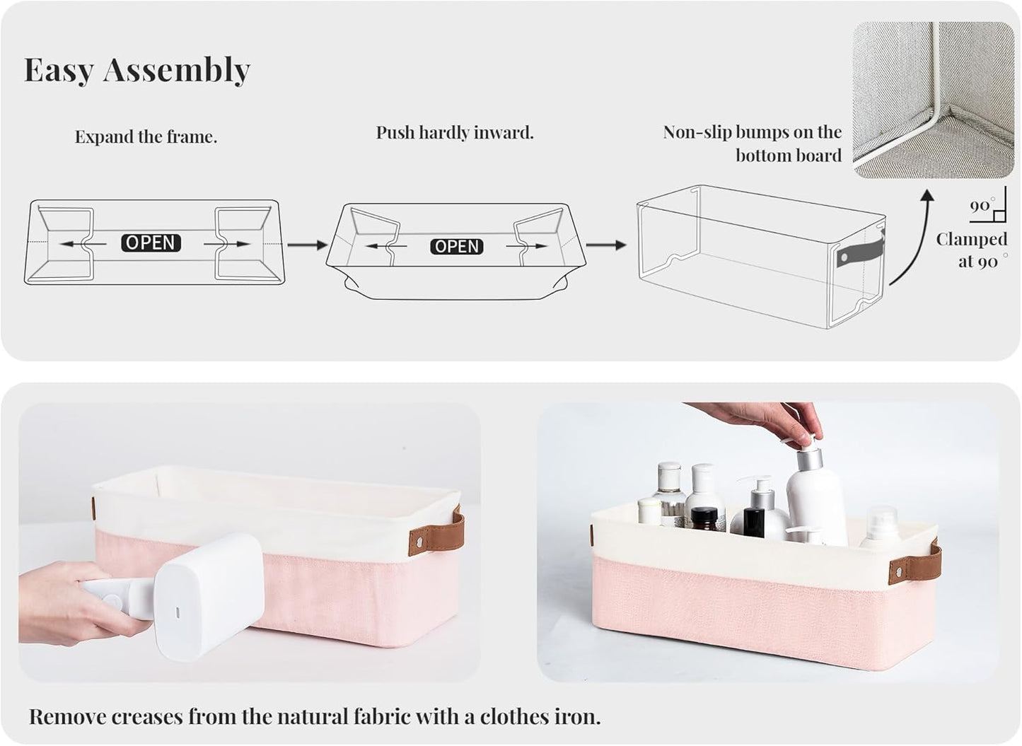 StorageWorks Narrow Storage Bins, Small Basket for Closet and Shelves, Fabric Organizer with Handles, Toilet Paper Storage, Pink and White, 2-Pack