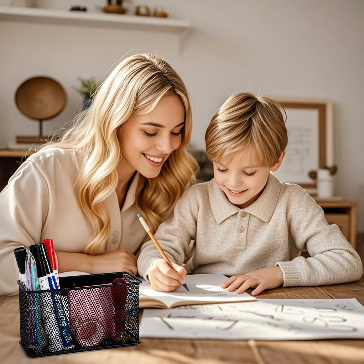 Wire Mesh Storage Baskets Organizer Set of 2 Black Magnetic Basket with 5 Strong Magnets Magnetic Organizer Holder for Refrigerator Locker Whiteboard Office, 6.29'' × 2.28'' × 3.54''