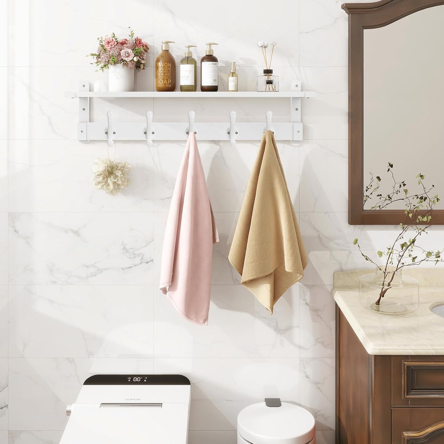 Homode Coat Rack With Wall Shelf, 29" Wooden Entryway Floating Shelf With Hooks Underneath, Hanging Coat Hanger for Bathroom, Living Room, Bedroom, Hallway, White