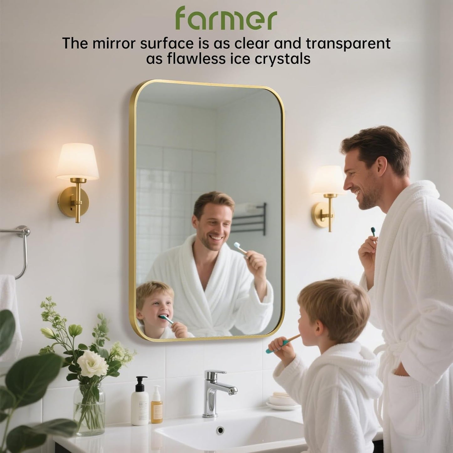 FARMER 26x38 Inch Gold Bathroom Mirror, Rectangle Vanity Mirror, Brushed Mirrors for Wall, Metal Frame Hanging Mirror with Round Corner for Bedrooms, Entryways, Living Rooms, Horizontal/Vertical