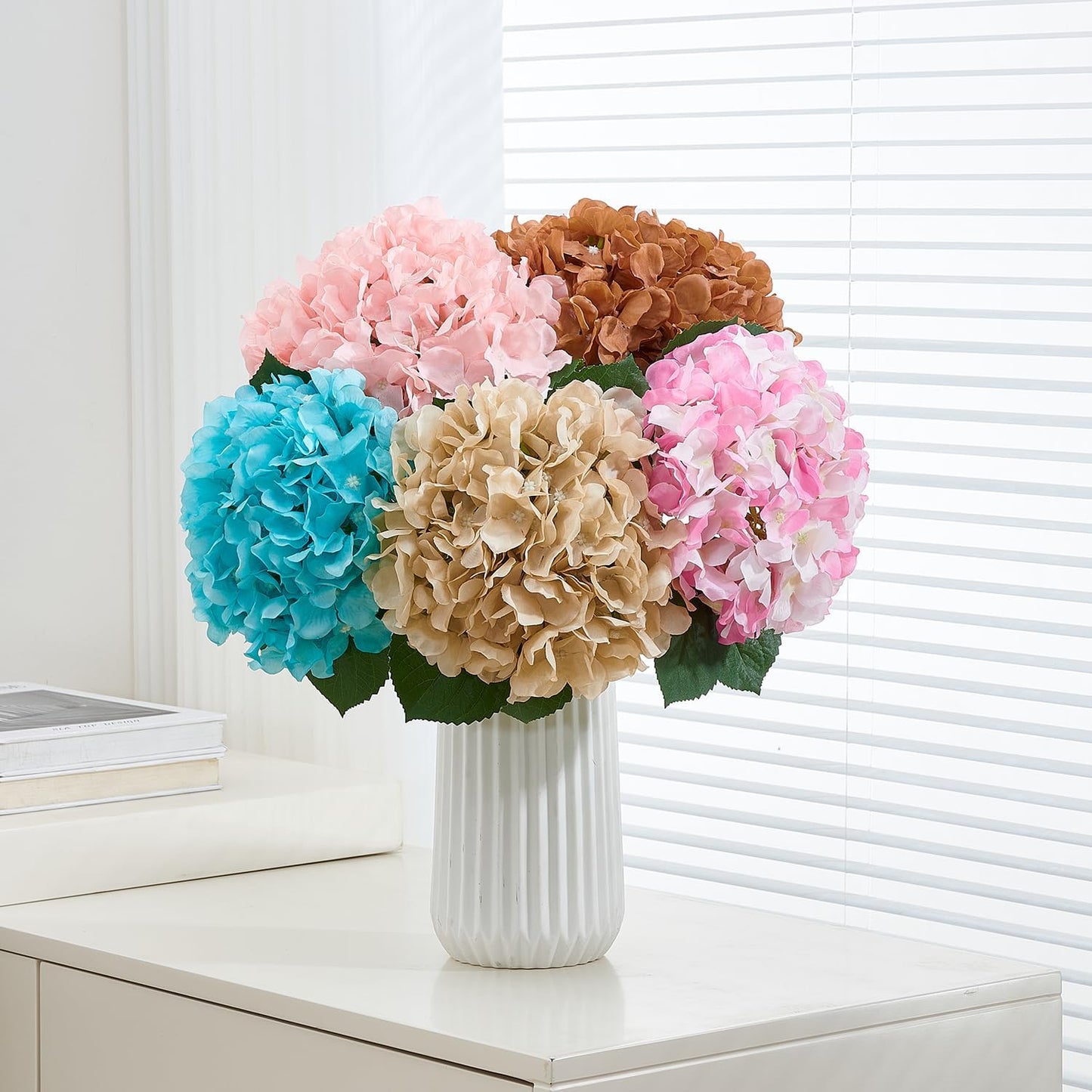 8Pcs Blush Fake Flowers Silk Hydrangea Artificial Flowers Bouquets Faux Hydrangea Stems for Home Table Centerpieces Wedding Party Decoration