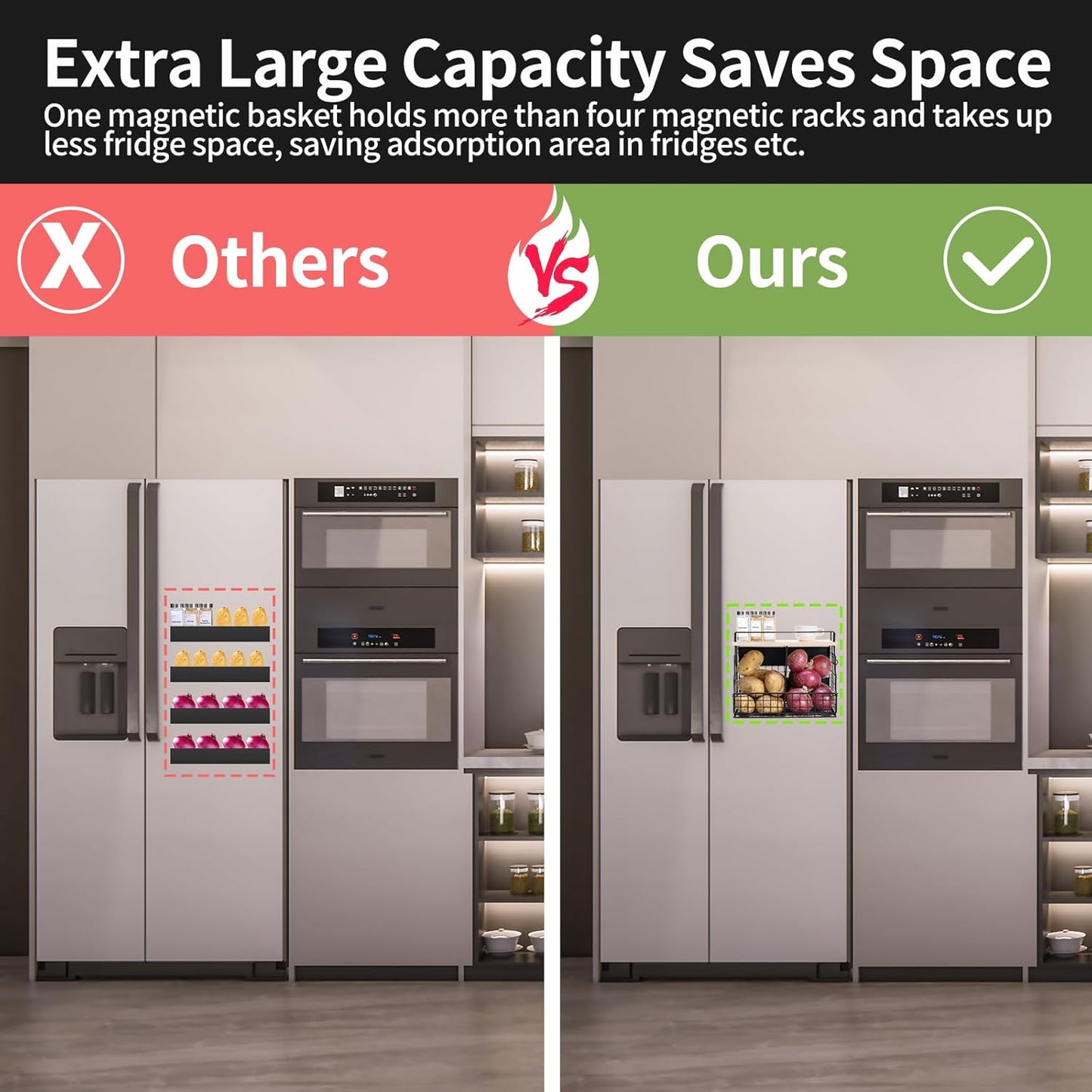 Large Magnetic Shelf for Fridge, Fruit and Vegetable Storage Wire Basket, Potato And Onion Storage Bin for Kitchen Organizers, Magnetic Spice Rack for Refrigerator, Kitchen Counter, RV and Laundry