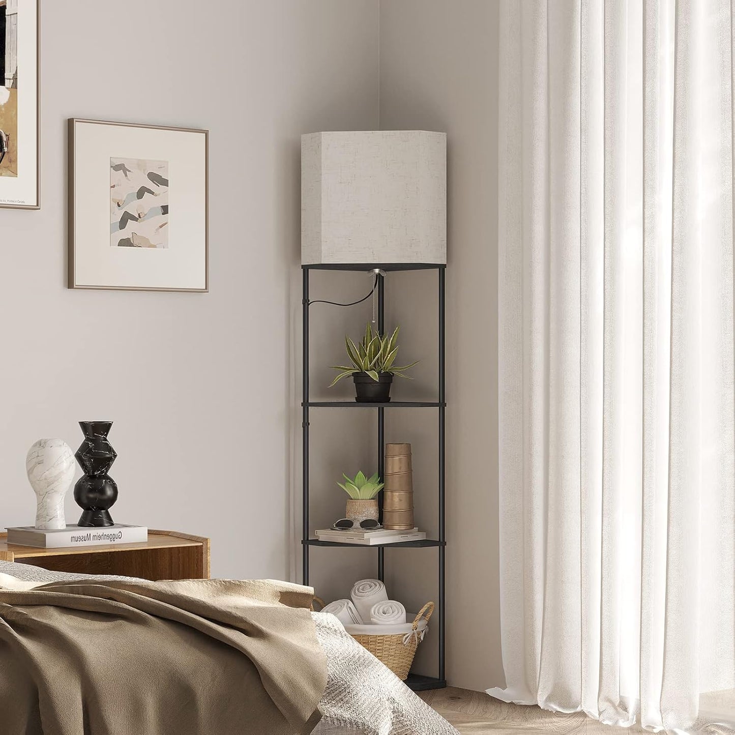 SUNMORY Sector Corner Shelf Lamp 3 Color Temperatures LED Bulb,Corner Lamps with Linen Lampshade, Floor Lamps for Living Room, Bedroom, Study, Black Standing Lamp with Shelves