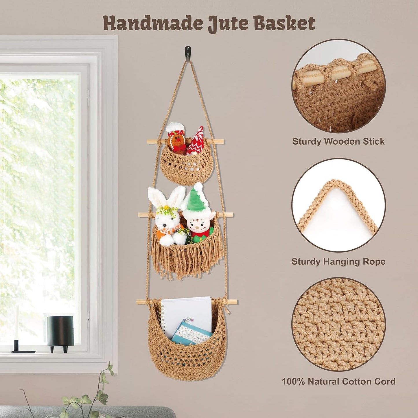 3 Tier Hanging Fruit Basket for Kitchen, Handmade Woven Cotton Hanging Wall Basket for Fruit Vegetable with 6 Hooks, Boho Style Over The Door Organizer for Living Bathroom Bedroom