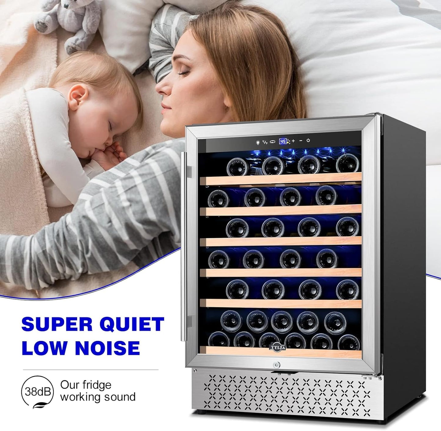 Tylza 24 Inch Wine Cooler Refrigerator, 51 Bottle Built-in or Freestanding, 24'' Fridge with Stainless Steel & Double Layer Tempered Glass Door and Temperature Memory Function