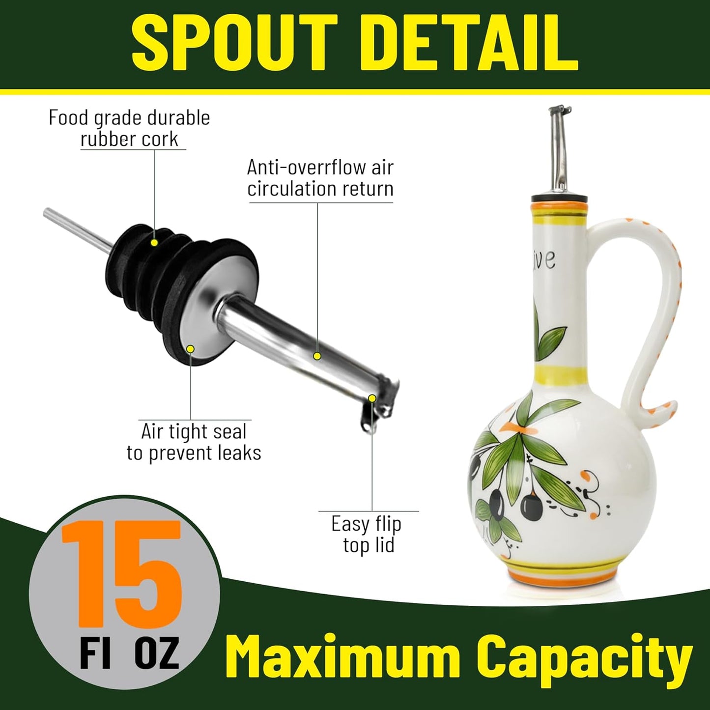 Hand-Painted Ceramic Olive Oil Dispenser Bottle – 15oz Decorative Stoneware Cruet with Stainless Steel Spout for Oil, Vinegar, Syrups, and Sauces