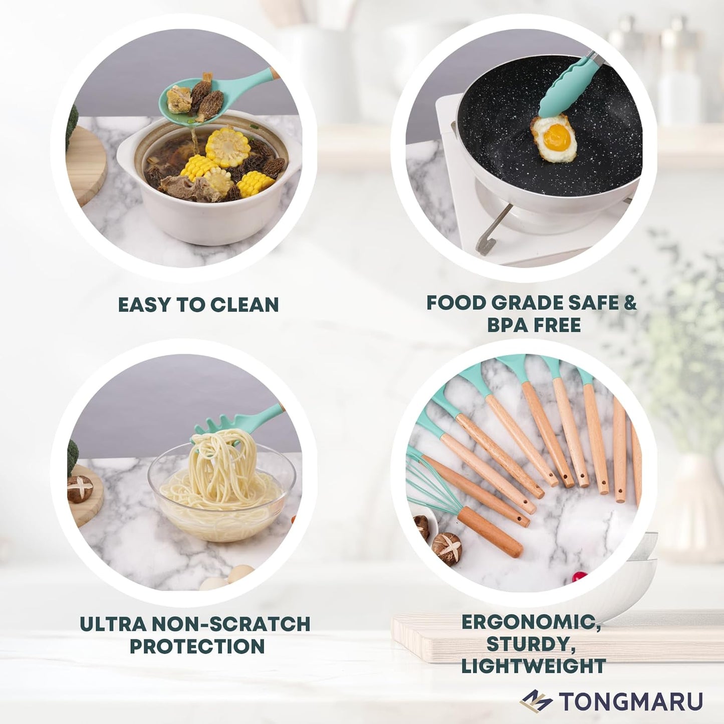 Silicone Cooking Utensils Set, Premium Beech Wood Handle Kitchen Gadgets Utensil Set, Non-Stick Kitchen Utensils Spatula, Tongs, Turner, Whisk, Brush, Spoon, BPA FREE, 446°F Resistant (Mint)