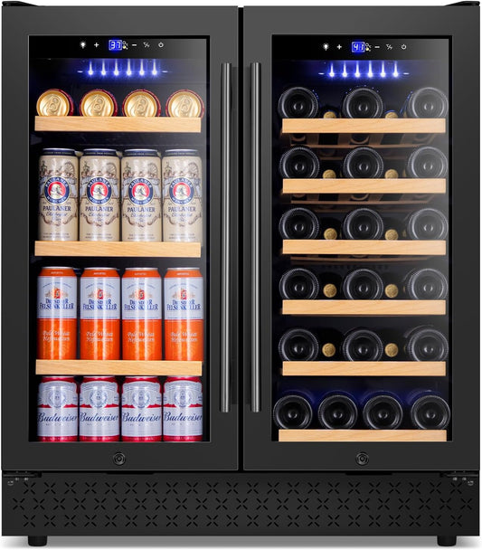 Tylza 30 Inch Wine and Beverage Refrigerator, Dual Zone Wine Beverage Cooler 30" with French Door, Under Counter Wine Beer Fridge Built-In or Freestanding, Holds 29 Bottles and 110 Cans, Black