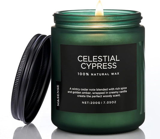 M&SENSE Celestial Cypress Scented Soy Jar Candles, Best Smelling Cedarwood Cardamom Scented Candles 7.05oz 50 Hour Long Lasting Burn, Non Toxic Natural Woody Scent Gifts for Men Women