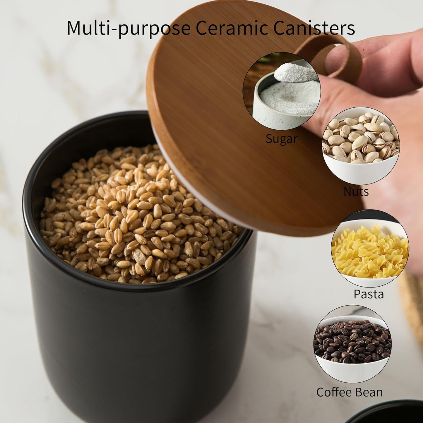 Black Ceramic Canister Set, 3pcs Ceramic Kitchen Canisters for Countertop with Airtight Wood Lids, Large Flour and Sugar Containers for Coffee, Tea, Spice