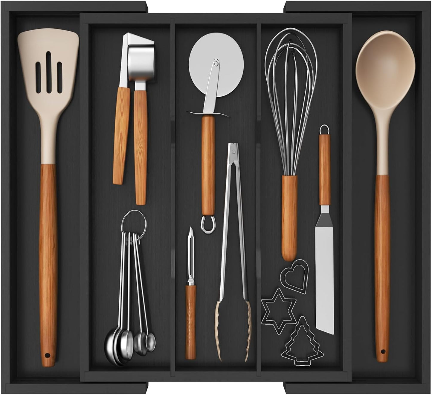 Lifewit Utensil Organizer for Kitchen Drawer, Expandable Cooking Utensil Tray, Bamboo Cutlery Silverware Flatware Holder, Adjustable Spatula Tools and Gadgets Storage Divider, Large, Black