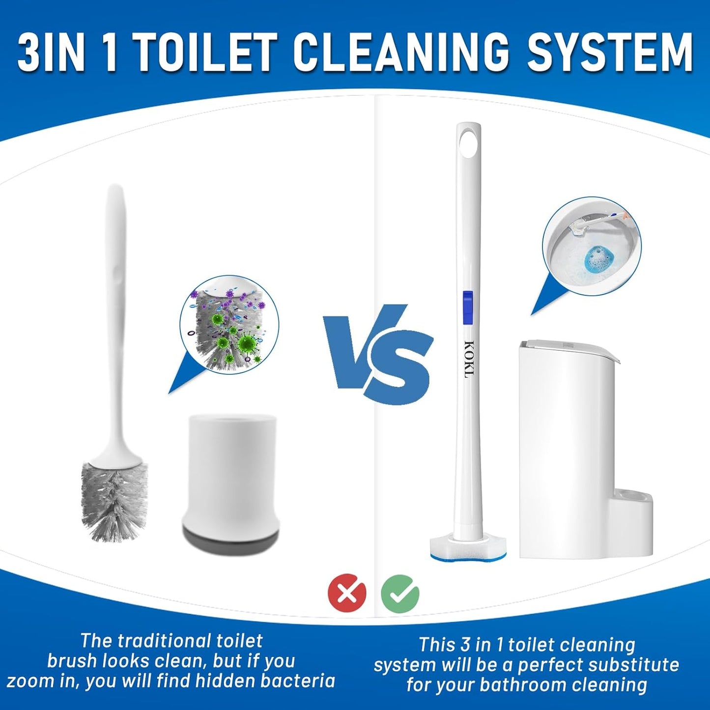 KOKL Disposable Toilet Brush, Toilet Bowl Cleaner Brush with 50PCS Toilet Brush Refills, Toilet Cleaner Refill Pads, Disposable Toilet Bowl Brush and Storage Caddy for Bathroom Cleaning(1-Set)