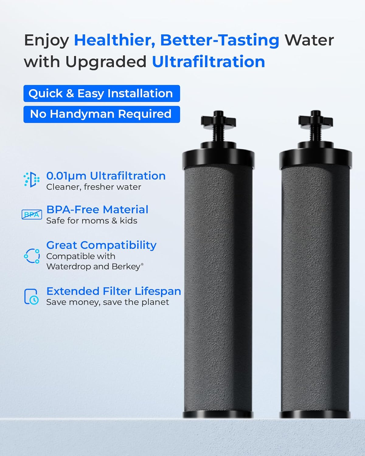 [New Upgraded Ultrafiltration] Waterdrop Black Water Filter, Replacement for Berkey® BB9-2® Black Purification Elements, Berkey® Gravity Water Filter System, 2 Pack