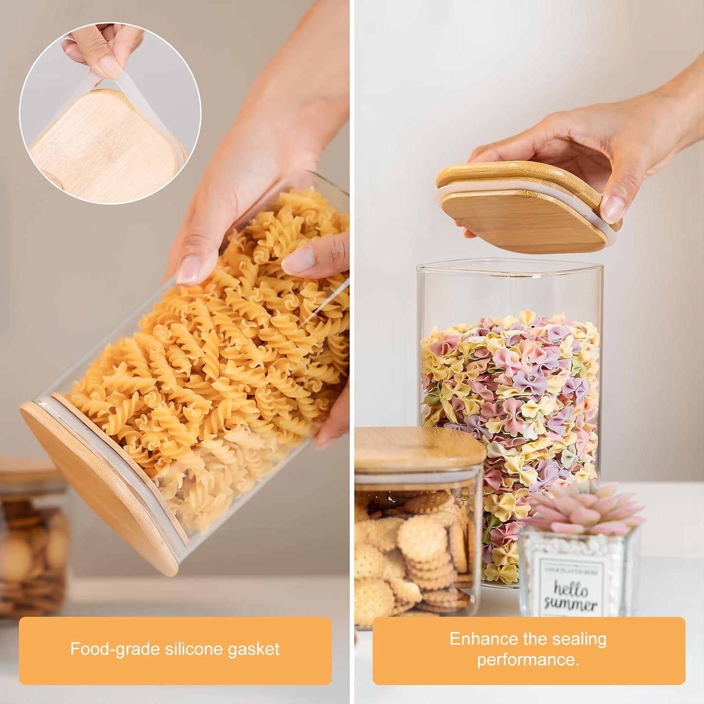 Glass Storage Jars 6 Pack -50oz (10cmx20cm)Clear Glass Food Storage Containers with Airtight Bamboo Lid Stackable Kitchen Canisters for Candy,Cookie,Rice,Sugar,Flour,Pasta,Nuts and Spice Jars(Square)