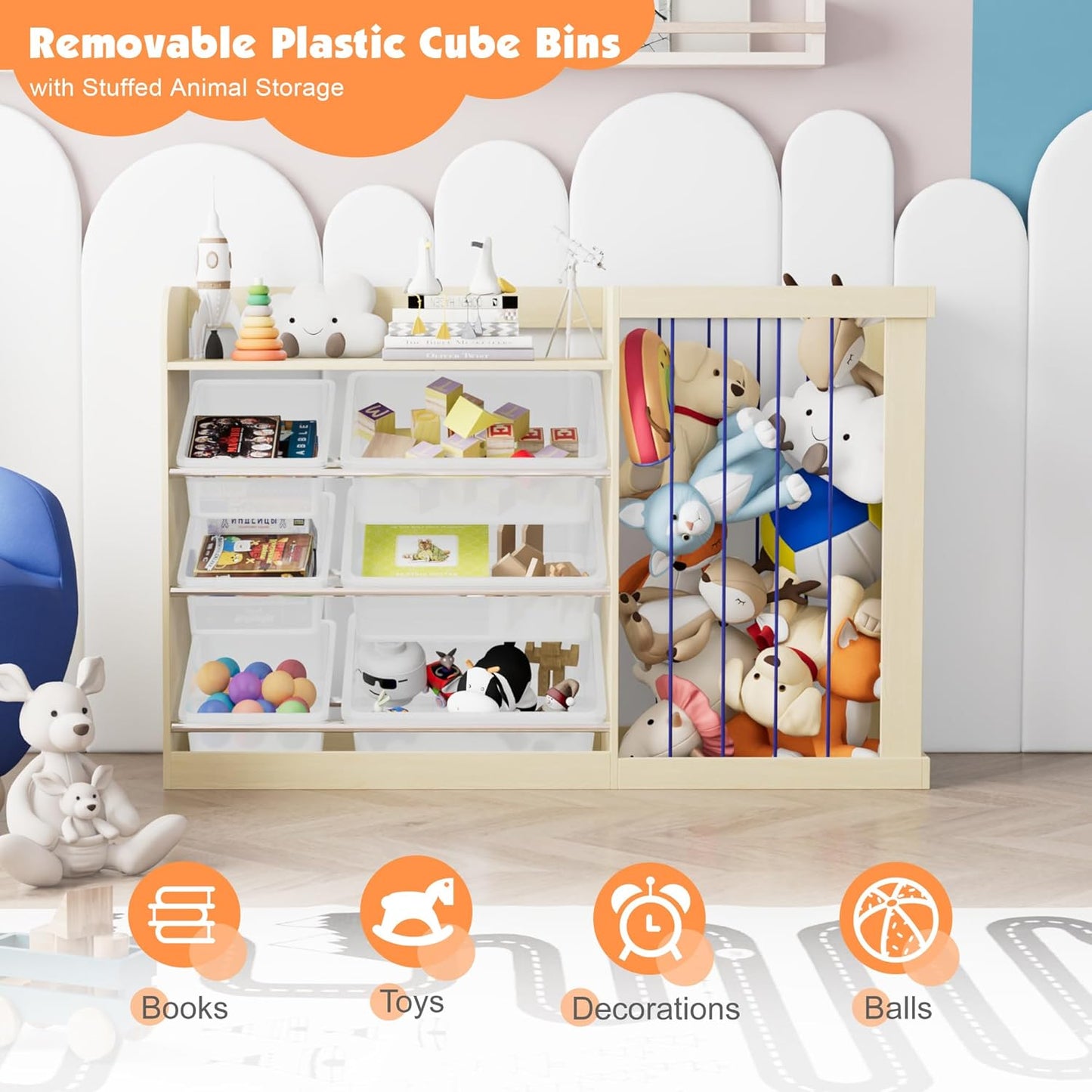 Kids Toy Storage Organizer with 6 Removable Plastic Bins Toddler Montessori Bookshelf with Stuffed Animal Net Holder Baby Bookcase Plush Organizer for Playroom,Bedroom,Kids Room,Classroom