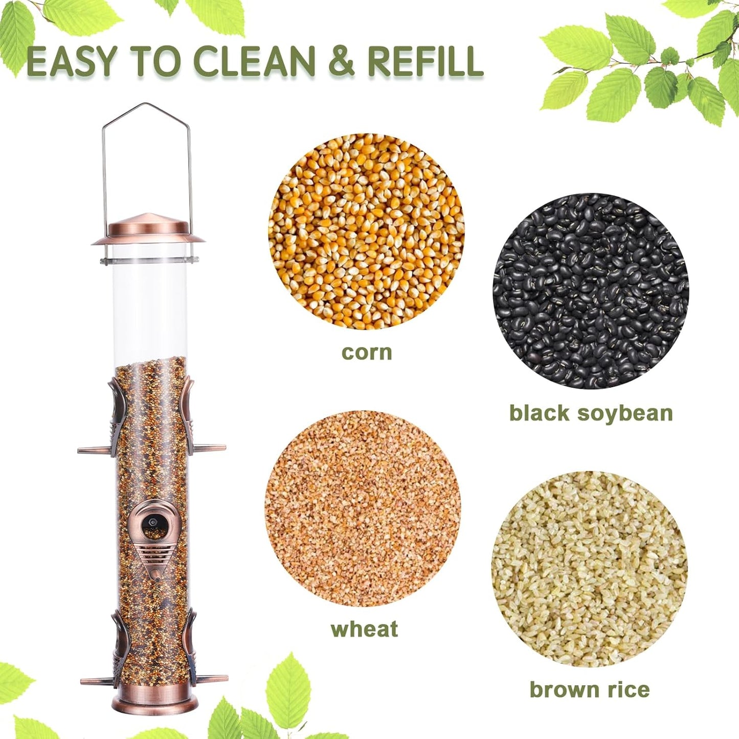 MIXXIDEA 2PK Metal Wild Bird Feeder Squirrel Proof for Outside Hanging - 6 Port Tube Transparent Finch Feeder With Steel Hanger (Antique Copper)